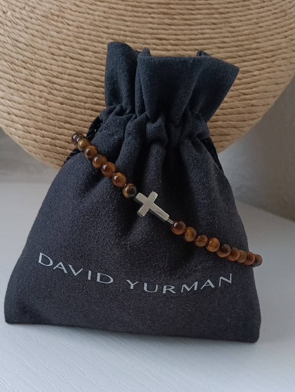David Yurman 4mm Tiger's Eye Sterling Silver Spiritual Beaded Cross Bracelet